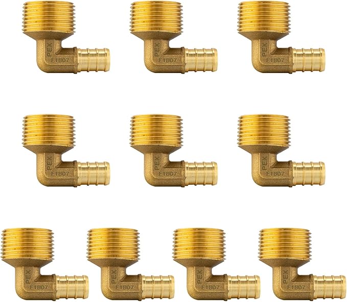 (Pack of 10) EFIELD Pex 3/4 inch x1/2 inch Male NPT Threaded Elbow Barb Crimp Brass Fittings, ASTM F1807,(PEX1807101)