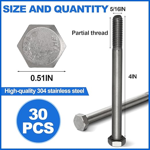 30 Pack 5/16-18 x 4'' Hex Head Cap Screw Bolt 304 Stainless Steel Half Thread External Hex Drive Screw Bolt Fastener for Wet Outdoor Metal Framing Concrete Reinforcement Railing Trellises