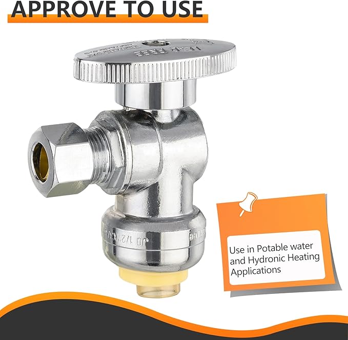 HeSun 10-PCs Push-Fit Angle Stop Valve, 1/2" Push x 1/4" OD Compression Angle Stop, 1/4 Turn Water Shut Off Valve for Bathroom with Disconnect Clip Tool