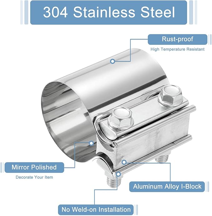 uxcell 2.5 Inch Exhaust Clamp, 304 Stainless Steel Butt Joint Band Clamp Sleeve Coupler Pipe Repair Clamp Universal Widening Clamp for Exhaust Pipes Mufflers, Silver