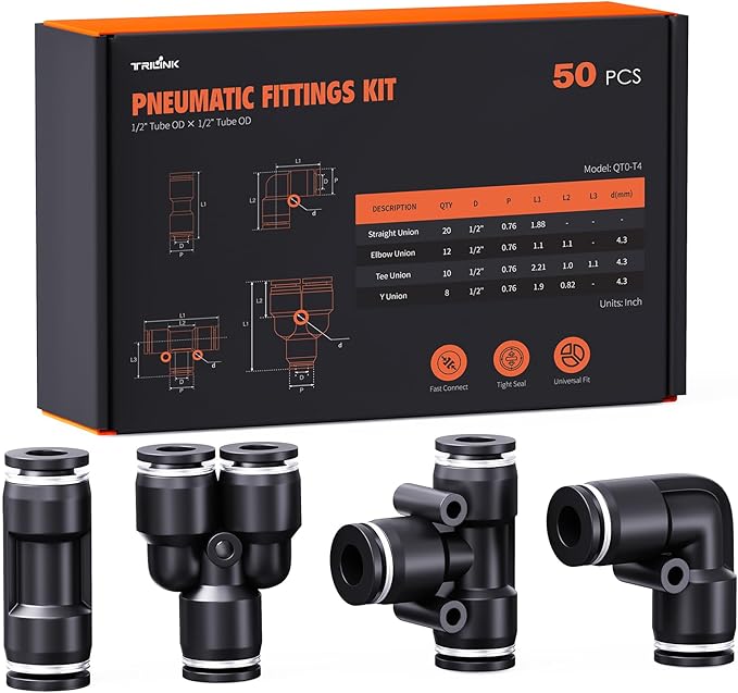 1/2" OD Push to Connect Fittings Kits –50PCS Air Line Connectors with Tee, Straight, Elbow, Splitters, Quick Connect Pneumatic Fittings, Push Lock Air Hose Fittings for Compressor, Air Tools & Tubing
