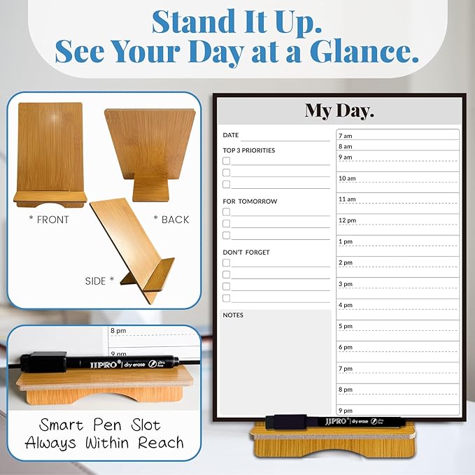 JJPRO Reusable Desktop Daily Planner with Stand,Hourly Dry Erase Board,11"x8.5"Schedule Board,Dry Erase Time Schedule with Time Slots, Desk Hourly Dry Erase Board w/Engineered Wood Stand