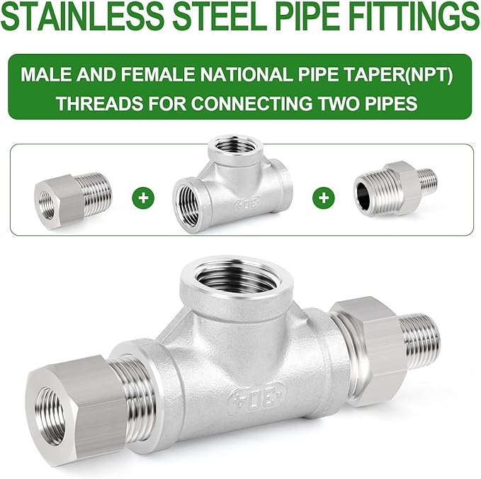 TAISHER 2PCS Stainless Steel Tee Pipe Fittings, 3/4" x 3/4" x 3/4" NPT Female Pipe Fittings