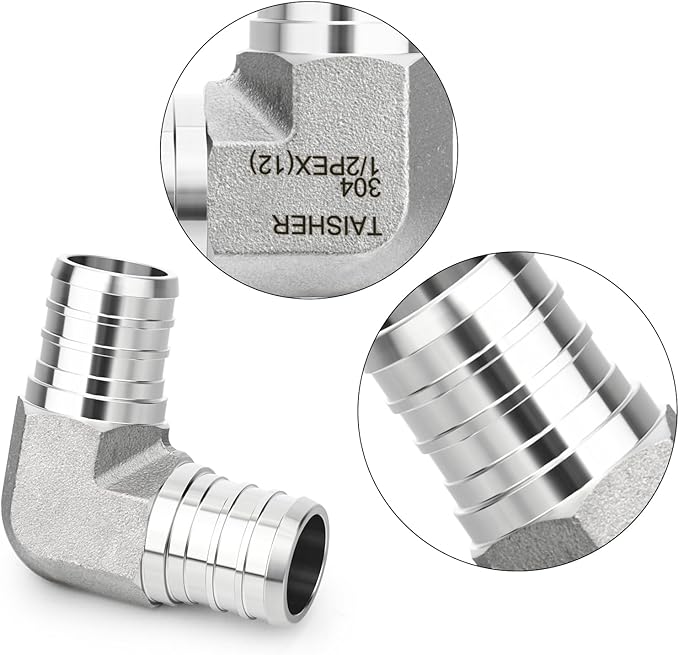 TAISHER 1PCS 304 Stainless Steel 90 Degree Elbow Pex Fittings, 1/2" Pex Fitting With 2PCS Hose Clamp For Tubing Pipe