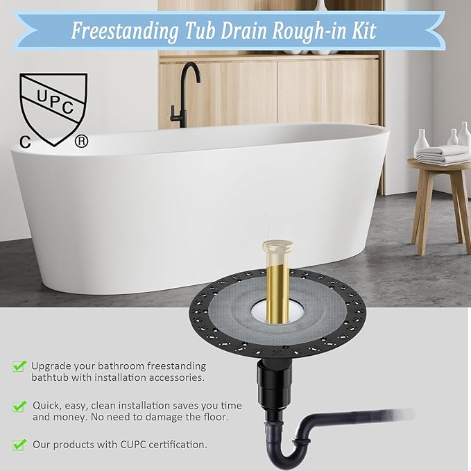 Upgrade Free Standing Tub Drain Rough-in Kit for Freestanding Bathtub Drain, 12 Inch Base Plate with Brass Pipe - CUPC Certification