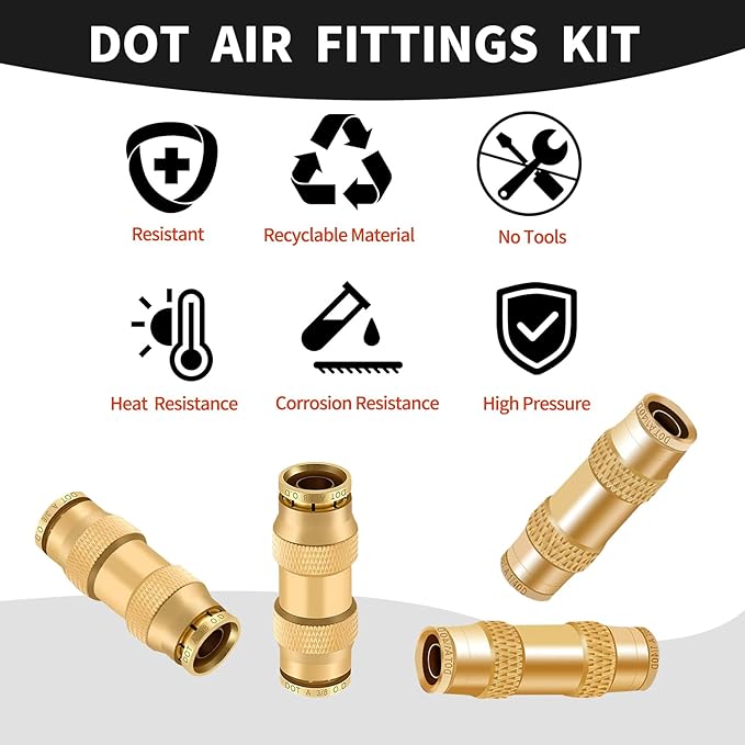 1/4" Brass Push to Connect Fittings Straight Union Dot Approved Air Brake Quick Connect Fittings Air Line Fittings Air Suspension Kit for Truck Trailers and Air Brake System 2Pcs