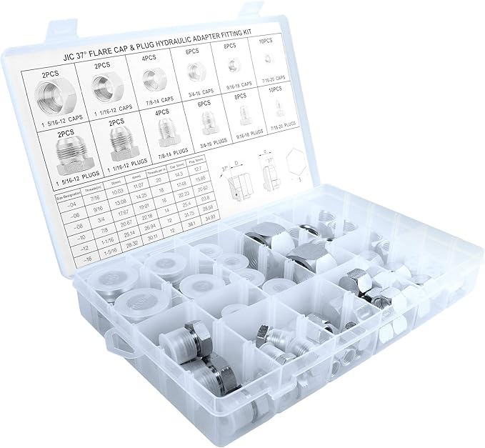 OKBA 64pcs JIC Plug and Cap Kit JIC 37° Flare Caps and Plugs Kit with Precision Threading Hydraulic Plugs and Caps Kit Set Dash Sizes 04 06 08 10 12 16
