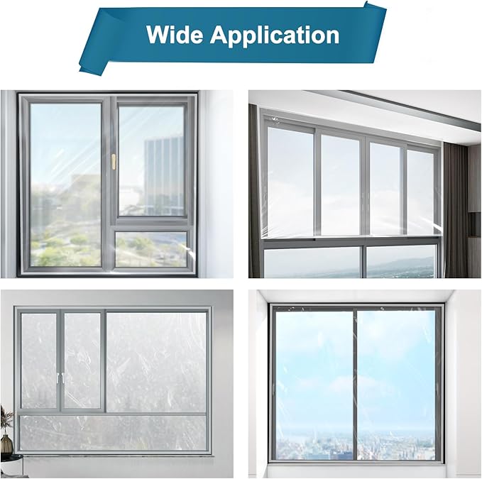 Window Insulation Kit for Winter Fits up to 10 Windows, Plastic Window Winterizing Seal Kit 63 Inch×32 Ft with Double-Sided Tape, Heavy Duty Rolled Shrink Film Easy Installation, Clear