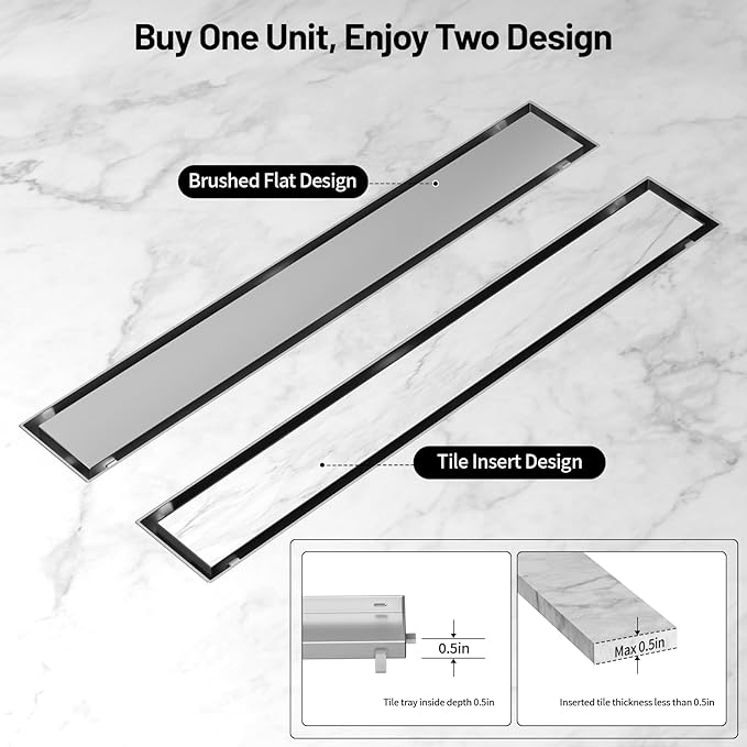 Linear Shower Drain, 304 Stainless Steel with Adjustable Leveling Feet, Hair Strainer,Reversely Install Place to Create an Invisible Floor Drain - Silver -16-Inch