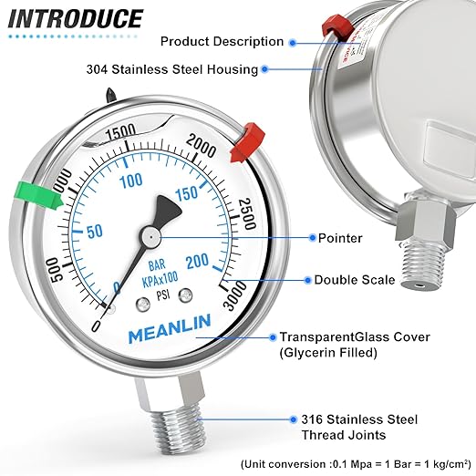 MEANLIN MEASURE 0~3000Psi Stainless Steel Liquid Filled Pressure Gauge 2.5" FACE DIAL 1/4" NPT for WOG Water Oil Air Lower Mount with Stainless Steel Hex Bushing and Snaps