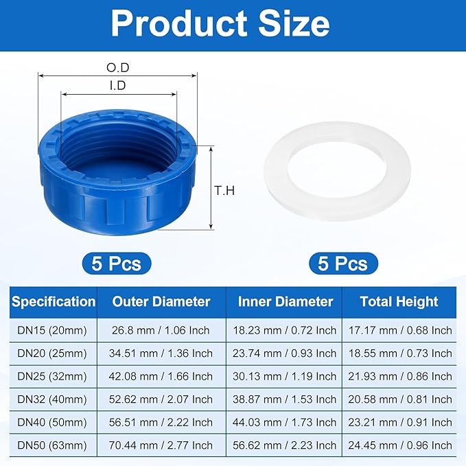 uxcell 5Pcs 1-1/4 Inch PT Female Thread PVC Pipe Fitting Cap, Cleanout Water Drain End Caps, Pipe Plug Socket Fittings with Gasket for Water Heater Supply Lines, Plumbing, Blue