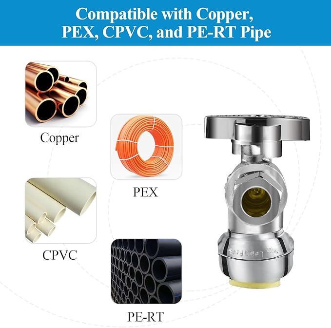 WiseWater Push to Connect Angle Stop Valve 1/2" Push x 3/8" Compression, 1/4 Turn for Quick Shut Off, Chrome Plated Brass with Disconnect Clip, for PEX, Copper, CPVC Pipes (Pack of 10)