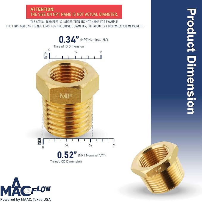 MAACFLOW brass 1/4" Male NPT to 1/8" Female NPT Adapter Reducer Hex Bushing (Thread OD 0.52" - ID 0.34") (Pack of 1)