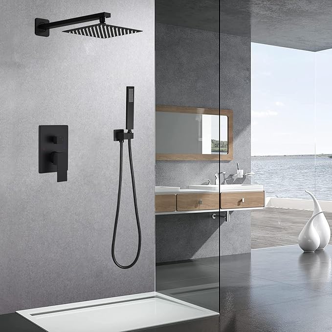 Matte Black Shower System Bathroom Luxury Rain Mixer Shower Combo Set Wall Mounted Rainfall Shower Head System Shower Faucet Rough-in Valve Body and Trim Kit