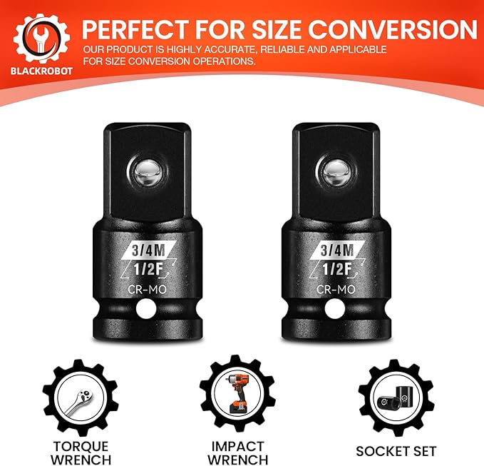 BLACKROBOT 2 Pieces 1/2” F To 3/4” M Impact Socket Adapter Set, SAE Drive Cr-Mo Steel Exceeds ANSI Standards, Square Drive Socket Reducer for Impact Driver Wrench