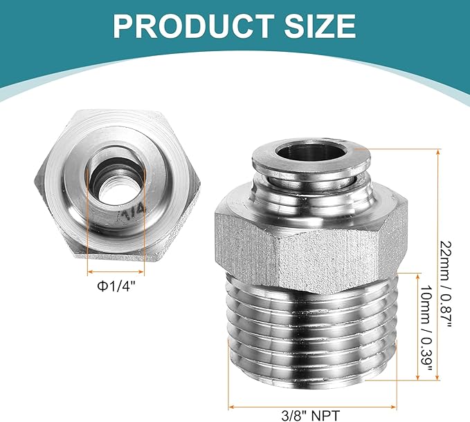 HARFINGTON Push to Connect Fittings 1/4" Tube OD x 3/8" NPT Thread Male Straight Union Fittings 304 Stainless Steel Quick Connect Pneumatic Accessories for Trailers Air Brake System