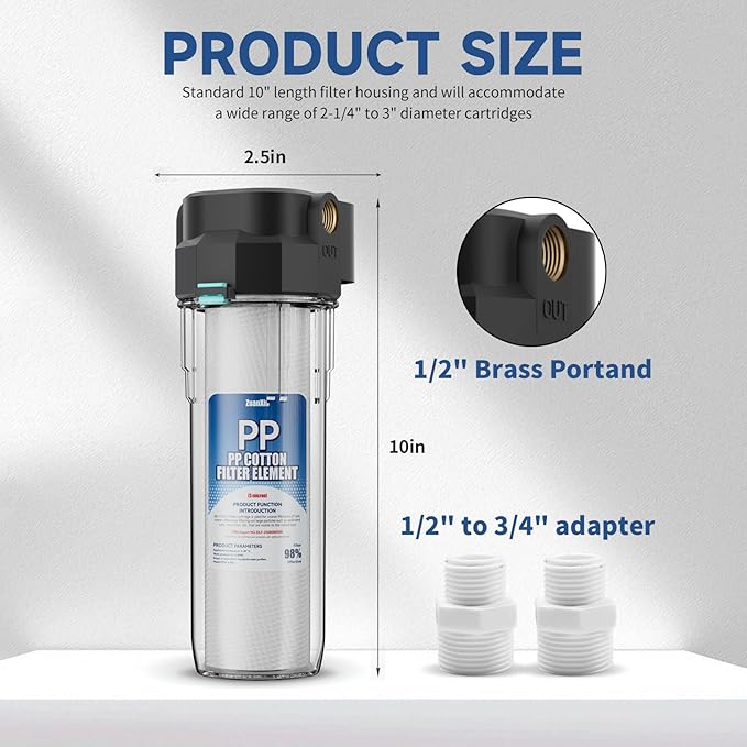 Whole House Water Filter Housing, Fit 10"x2.5" Sediment etc Filters for Well and City Water, Pre-Filtration System for Home, 1/2" Brass Portand includes a 3/4 inch adapter, R-Type O-Ring, Bracketless