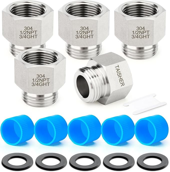TAISHER 5PCS 304 Stainless Steel Garden Hose Adapter, 3/4" GHT Male x 1/2" NPT Female Garden Hose Connector