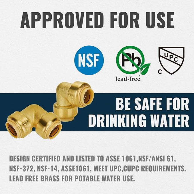 SUNGATOR Push Fitting Set, 1/2 Inch Plumbing Fitting Elbow (5 PCS), 3/4 Inch Plumbing Fitting Elbow (3 PCS), No Lead Brass Push to Connect Pex, Copper, CPVC, with 2 Disconnect Clips, Pack of 8