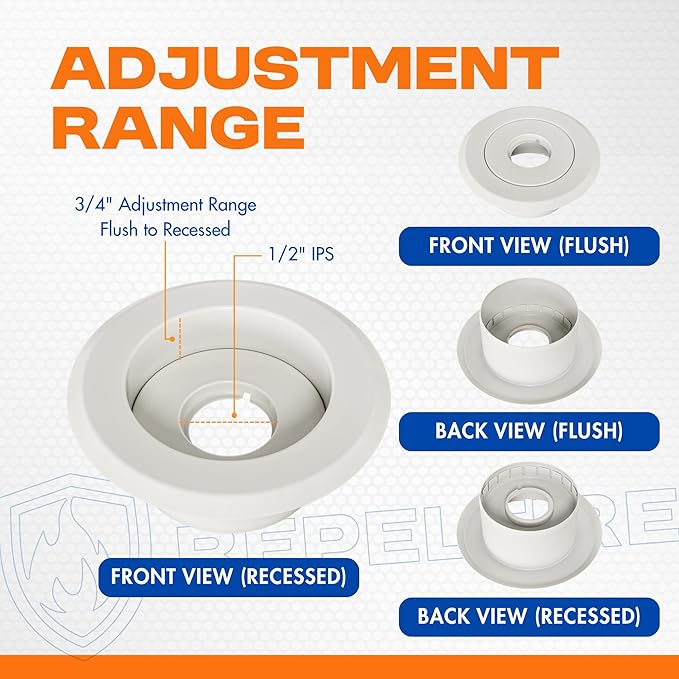Recessed Fire Sprinkler Escutcheon 1/2 in. IPS - 2 Piece in White - Depth Adjustment Range up to 3/4 in. for Fire Sprinkler Trim