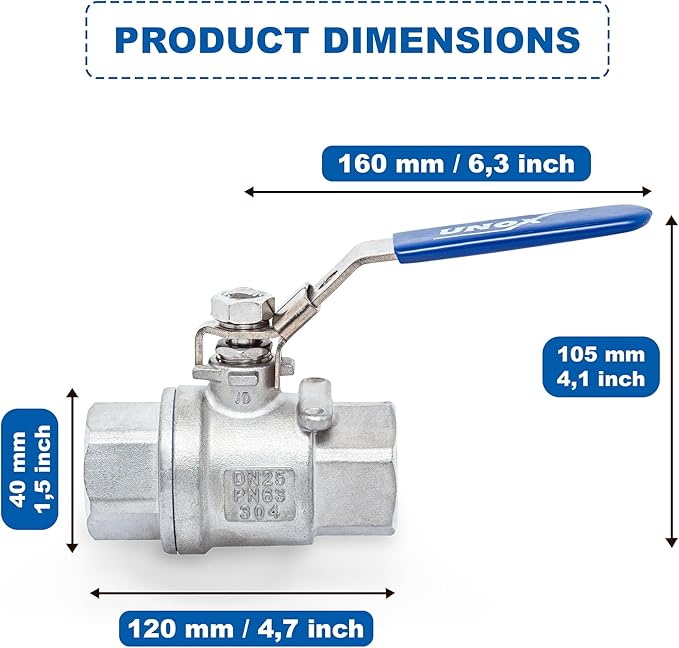 UNOX 1 1/2" NPT Full Port Ball Valve Two-Piece Body Design, Female Stainless Steel AISI304 Heavy Duty for Water Oil Gas Valve - 1000WOG Steam Ball Valve with Blue Locking Handles