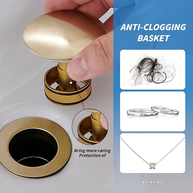 BWE Bathroom Vessel Sink Drain Stopper with Overflow One Piece Pop Up Drain Assembly with Strainer for Bathroom Vessel Vanity Faucet Brushed Gold