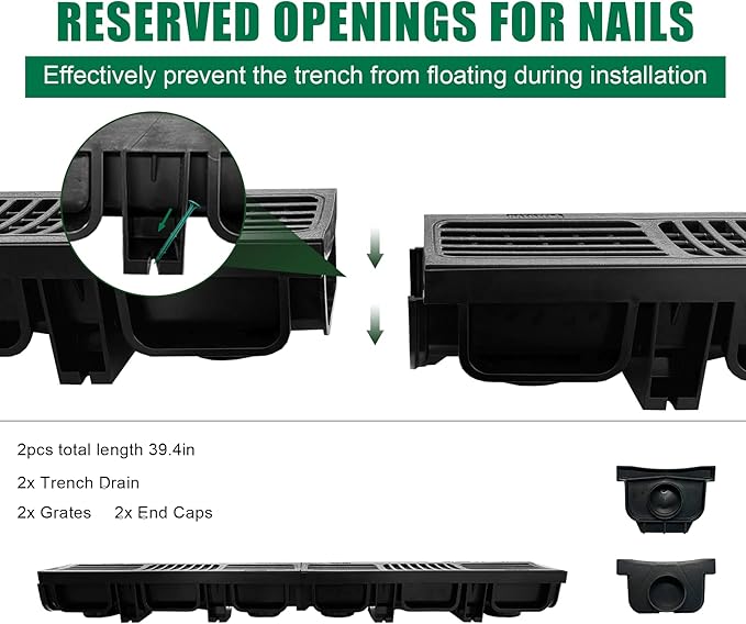 B Class Driveway Channel Drain with HDPE Grate-19.7Lx5.5Wx3.9H in. Shallow Profile Trench Drain System,2 Pack Total Length 39.4in,Heavy Duty Trench Drain for Garage,Parking Lot,Concrete