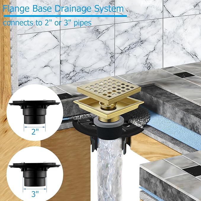 4 Inch Square Shower Floor Drain with Flange,Quadrato Pattern Grate Removable,Food-Grade SUS 304 Stainless Steel,Brushed Gold