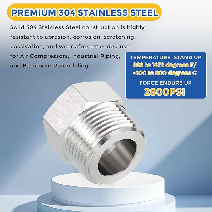 2 Pack 304 Stainless Steel Pipe Fittings, 3/4" MNPT to 1/2" FNPT Hex Bushing Reducer, Hose Tube Threaded Adapters for Air, Oil, LP, Gas