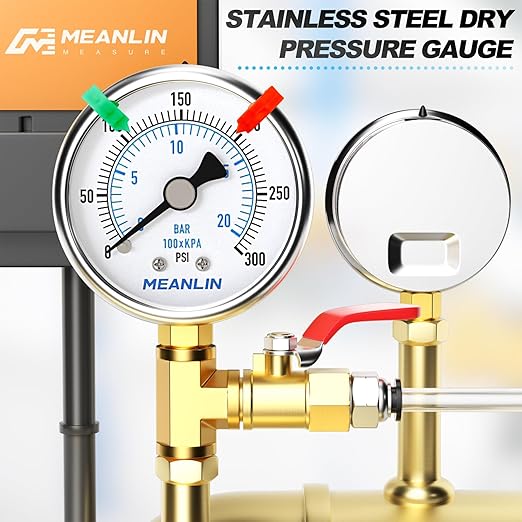 MEANLIN MEASURE 0~300Psi Dry Pressure Gauge Stainless Steel 1/4" NPT 2" FACE DIAL Waterproof for Air Compressor Air Regulator Water Filter Lower Mount (with 2PCS Snaps)