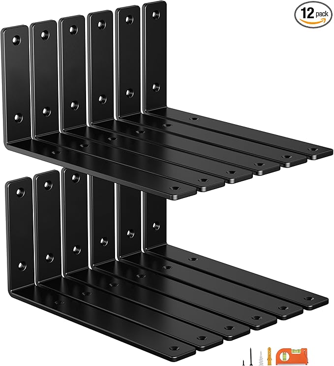 12-Pack 10 Inch Heavy Duty Shelf Brackets, Premium Floating L Bracket for Wall, Kitchen, Mantel Shelves Support | Quarter Inch (1/4") Thick | Black Powder Coated Steel