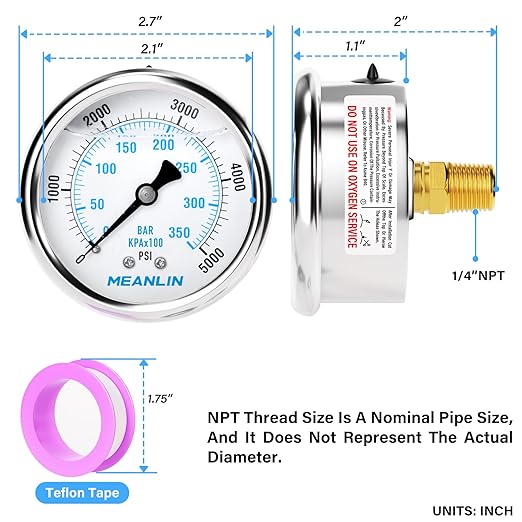 MEANLIN MEASURE 0~5000Psi Liquid Filled Pressure Gauge 1/4" NPT 2.5" FACE DIAL Stainless Steel Glycerin Filled WOG Water Oil Air Back Mount