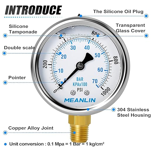 MEANLIN MEASURE 0~1000Psi Stainless Steel 1/4" NPT 2.5" FACE DIAL Liquid Filled Pressure Gauge WOG Water Oil Air Lower Mount, with 1/4" x 1/2" NPT and 1/4" x 3/8" NPT Hex Bushing