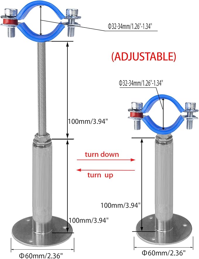 Wall Mount Ceiling Mount Pipe Supports,Adjustable Pipe Clamps、Hangers、 Stainless Steel 304,2PCS Suitable for Pipe OD 32-34mm Adjustable Height 100-200mm