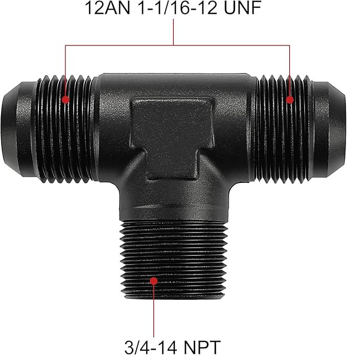 EVIL ENERGY 12AN Tee Male Flare to 3/4 NPT on Side Branch T Fitting Adapter Aluminum Black
