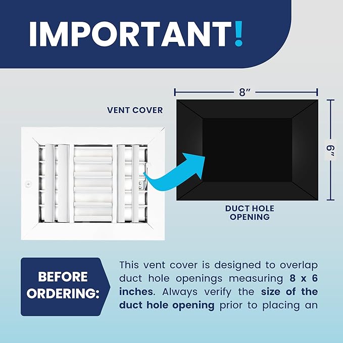 8x6 Inch (Duct Opening) Aluminum 3-Way Air Flow Vent – HVAC Vent Cover for Wall or Ceiling – Quiet HVAC Wall Register with Multi-Shutter Damper – Adjustable Curved Blade - Plastic Seal for Tight Fit
