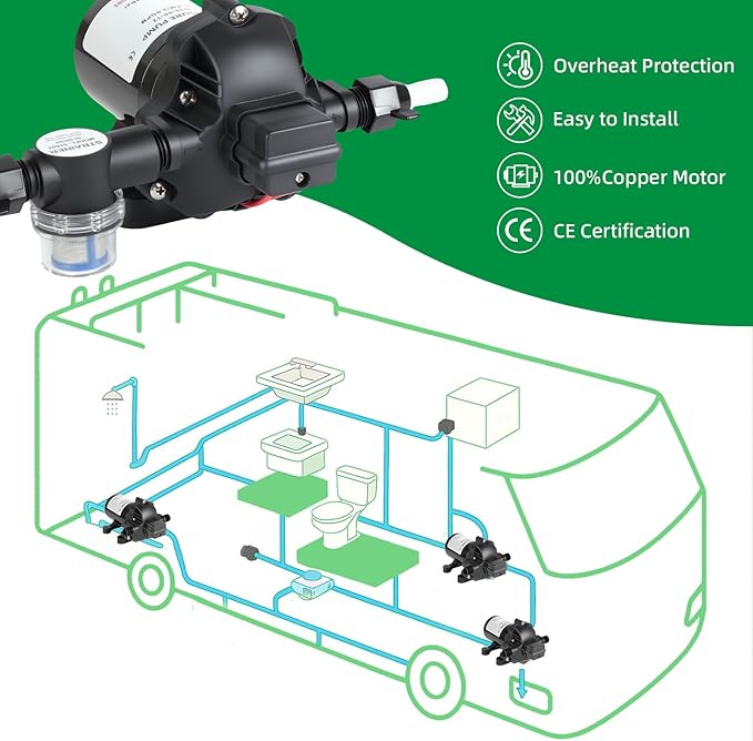 3 GPM RV Water Pump, 12V DC Diaphragm Pump with Automatic Pressure Switch 40-80PSI Adjustable, 3-Chamber, 1/2'' MNPT Port, for RV Yacht Food Truck Camper Marine,1 Pump + 1 Strainer,
