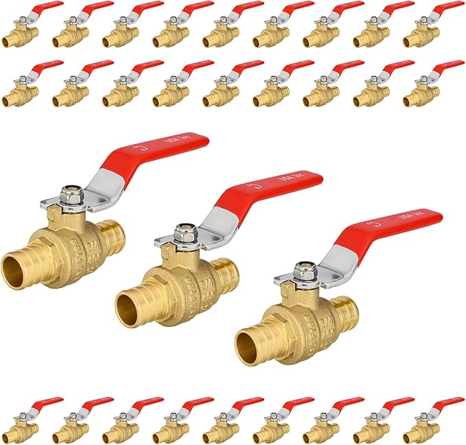 30-Pack Foskan 3/4 Inch PEX Crimp Full Port Ball Valve with Red Handle, Brass Quarter Turn Shut-off Valve for PEX Tubing