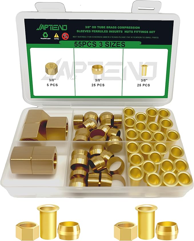 55pcs 3/8" Brass Compression Sleeves Ferrules Inserts Nuts Fittings Assortment Kit, Hose Repair Kit of Air Water Fuel Oil Gas Tube Lines.