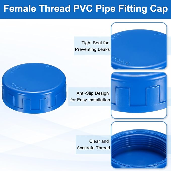 uxcell 5Pcs 2 Inch PT Female Thread PVC Pipe Fitting Cap, Cleanout Water Drain End Caps, Pipe Plug Socket Fittings with Gasket for Water Heater Supply Lines, Plumbing, Blue