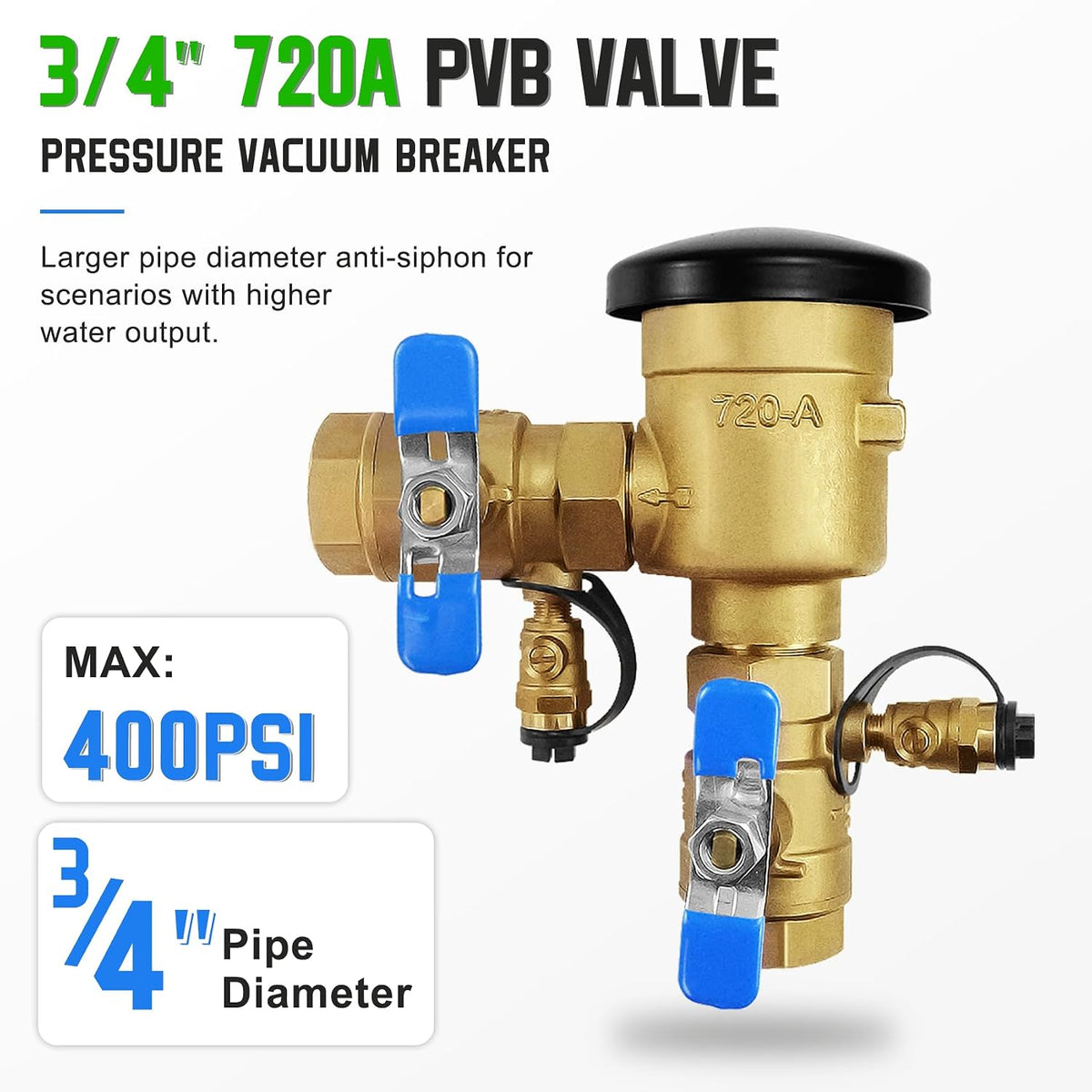UPC® Certified】3/4" Pressure Vacuum Breaker Assembly, Metal Top Cover, Thickened Brass Backflow Preventer Valve, Anti-Siphon Valves for Irrigation and Outdoor Sprinkler Systems, MAX 400PSI