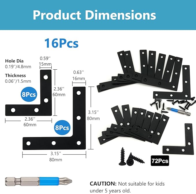 QSJ 16 Pcs L Flat Straight Brackets Corner Bracket Set 8Pcs 2.36''/8Pcs 3.15'' Bracket Brace Mending Plate Stainless Steel for Wood