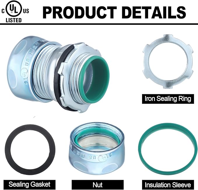 10 Pcs 1/2 Inch EMT Raintight Compression Connectors Zinc Plated Steel, Insulated Waterproof EMT Box Connector Electrical Conduit Fittings