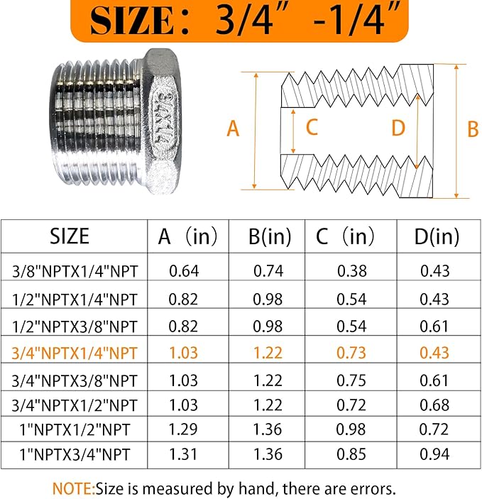 2 Pcs Stainless Steel Bushing 3/4" Male to 1/4" Female, 3/4" to 1/4" NPT Adapter Hex Stainless Steel Reducing Pipe Adapter Fitting Pipe Tube Adapter Convert