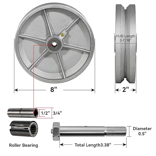 8" X 2" Sliding Gate Wheels（4 Pack）, Cast Iron V Groove Wheel with Roller Bearing-1200 lbs Capacity, Rolling Gate Wheels, Sliding Gate Casters, Gate wheels for Metal Tube Gate, Silver