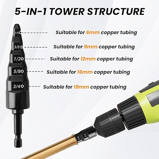 7 Sets HVAC Copper Tube Flaring Tool Drill Bit Set, Swaging Tube Repair 5 in 1 Air Conditioner Copper Pipe Expander Flaring Swaging Drill Set with 1/4'', 3/8'', 1/2'', 5/8'', 3/4'', 7/8' Bits, Black