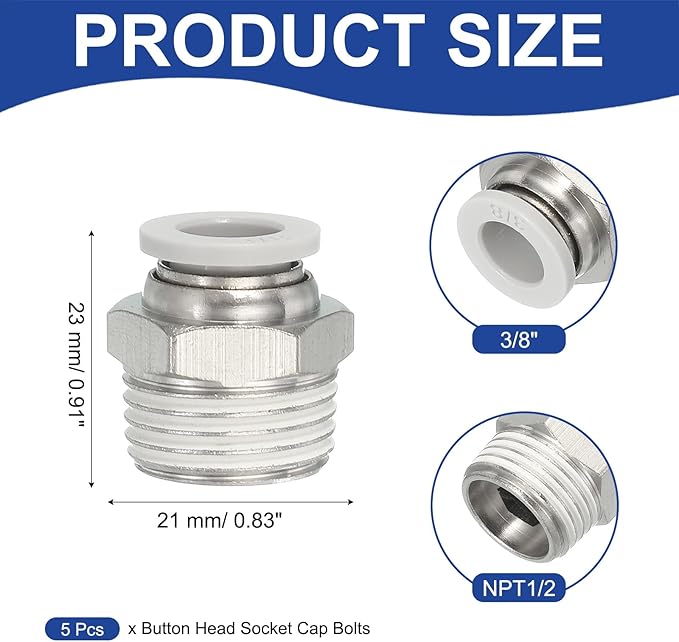 MECCANIXITY 5 Pcs NPT Push to Connect Air Fittings, Male Straight 3/8" Tube OD x 1/2" NPT Thread Air Quick Connector Coupling Adapter for Gas Hose Pneumatic Tools, White