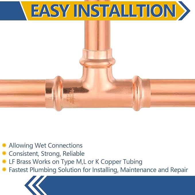 100-Pack GUOFIS Copper Press Tee,3/4" x 3/4"x 3/4" Tee Fittings for Copper Tube Connection with Stop(PRESS016-100PCS)