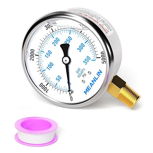 MEANLIN MEASURE 0~5000Psi Liquid Filled Pressure Gauge 1/4" NPT 2.5" FACE DIAL Stainless Steel Glycerin Filled WOG Water Oil Air Lower Mount (with 2PCS Snaps)