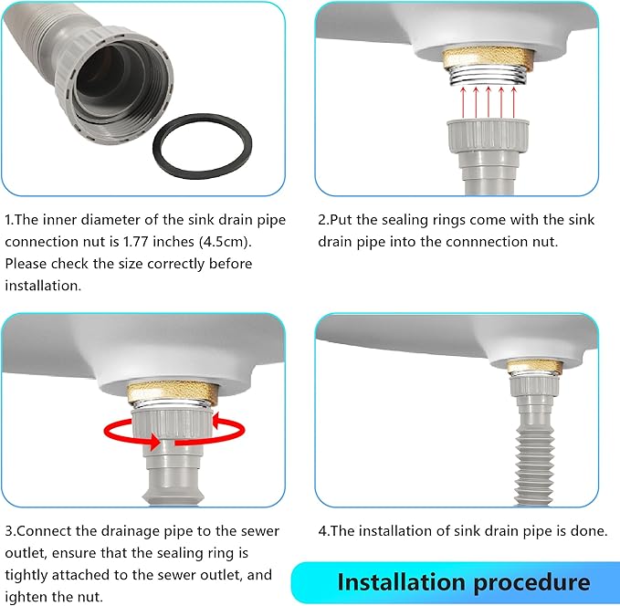 Sink Drain Pipe Kit, 1 Pack Flexible Drain Pipe P Trap, 8.46"-20.67" Flexible P Trap, Under Sink Plumbing for Bathroom and Kitchen, 1-1/4" Adapter Included